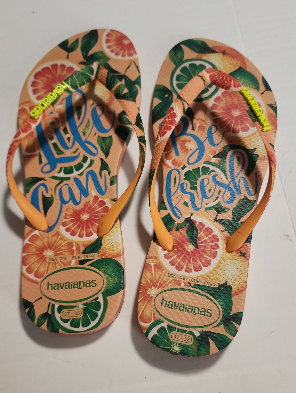 Havaianas Peach Citrus Graphic Flip Flops with Yellow Accents